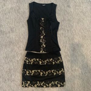 2 piece black mini dress with lace detail